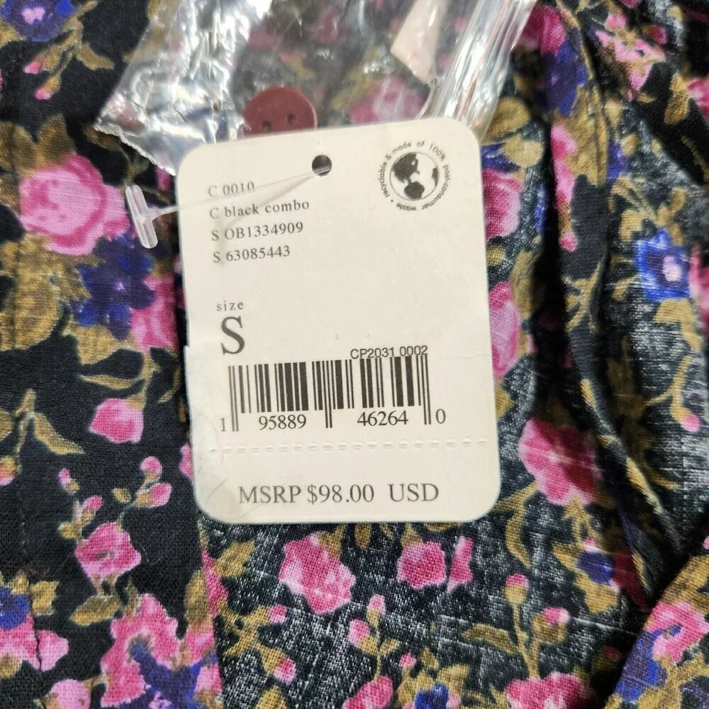 Free People womens Blouse Size S Meant To Be Smocked Floral Black Combo (20)